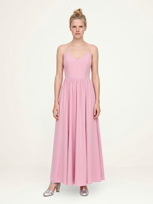 Amalie Ballerina Daytime Maxi Gown in Pinup Girl Pink, a solid pink 70s spaghetti-strap maxi dress with a seamed bodice, front view, Pinup Girl Clothing, XS to 5X