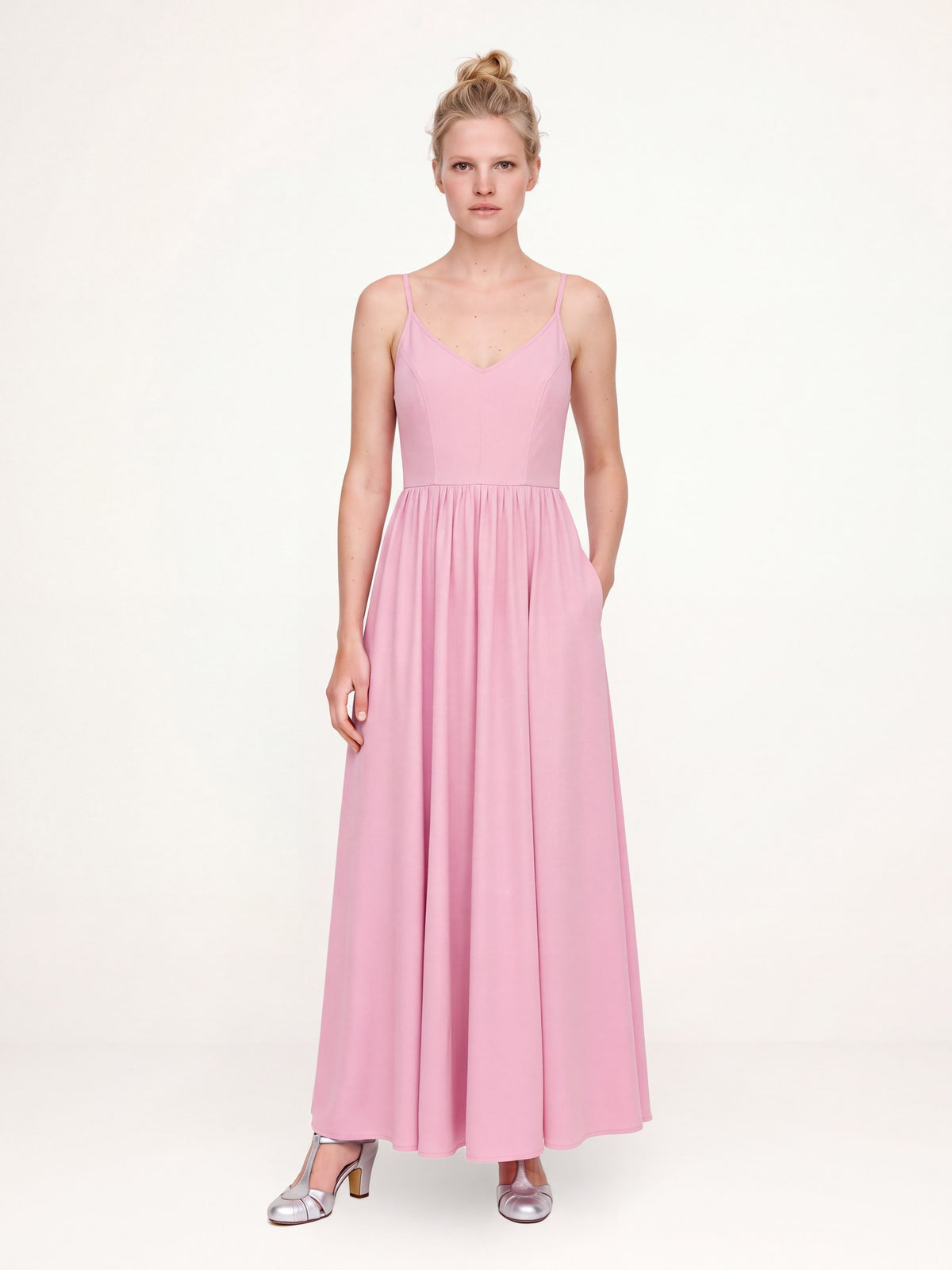 Pinup Girl Pink Amalie maxi dress with a hand in the side-seam pocket, adjustable spaghetti straps