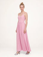 Pinup Girl Pink Amalie maxi dress, three-quarter view showing the gathered floor-length skirt in motion