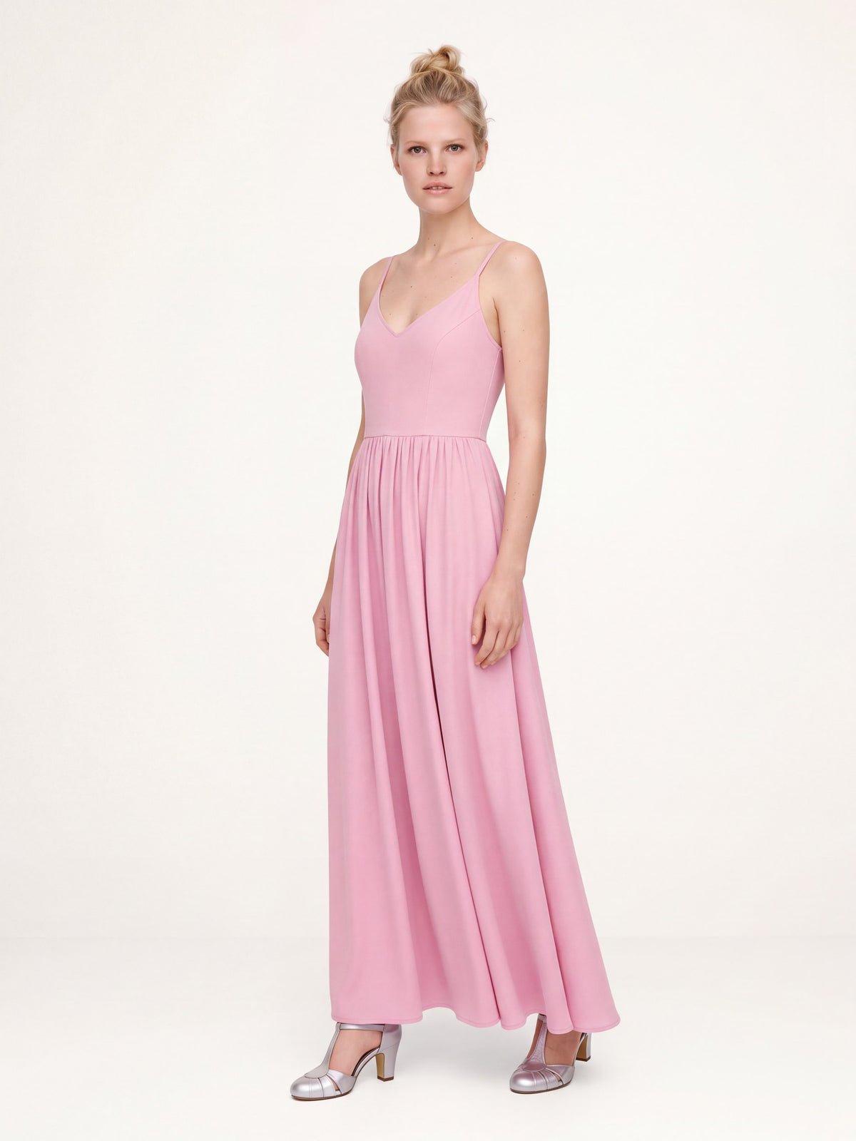 Pinup Girl Pink Amalie maxi dress, three-quarter view showing the gathered floor-length skirt in motion
