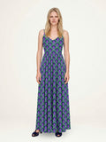 Amalie Ballerina Daytime Maxi Gown in Room 237, a 70s spaghetti-strap maxi dress in a purple and green keyhole arch print, full-length front view, Pinup Girl Clothing, XS to 5X