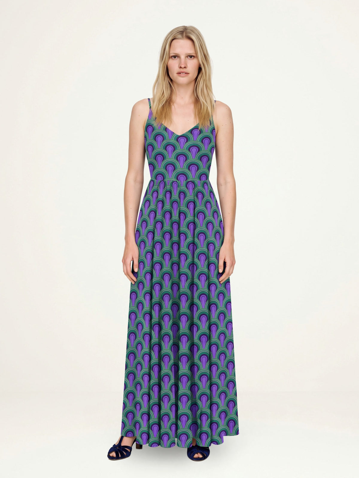 Amalie Ballerina Daytime Maxi Gown in Room 237, a 70s spaghetti-strap maxi dress in a purple and green keyhole arch print, full-length front view, Pinup Girl Clothing, XS to 5X