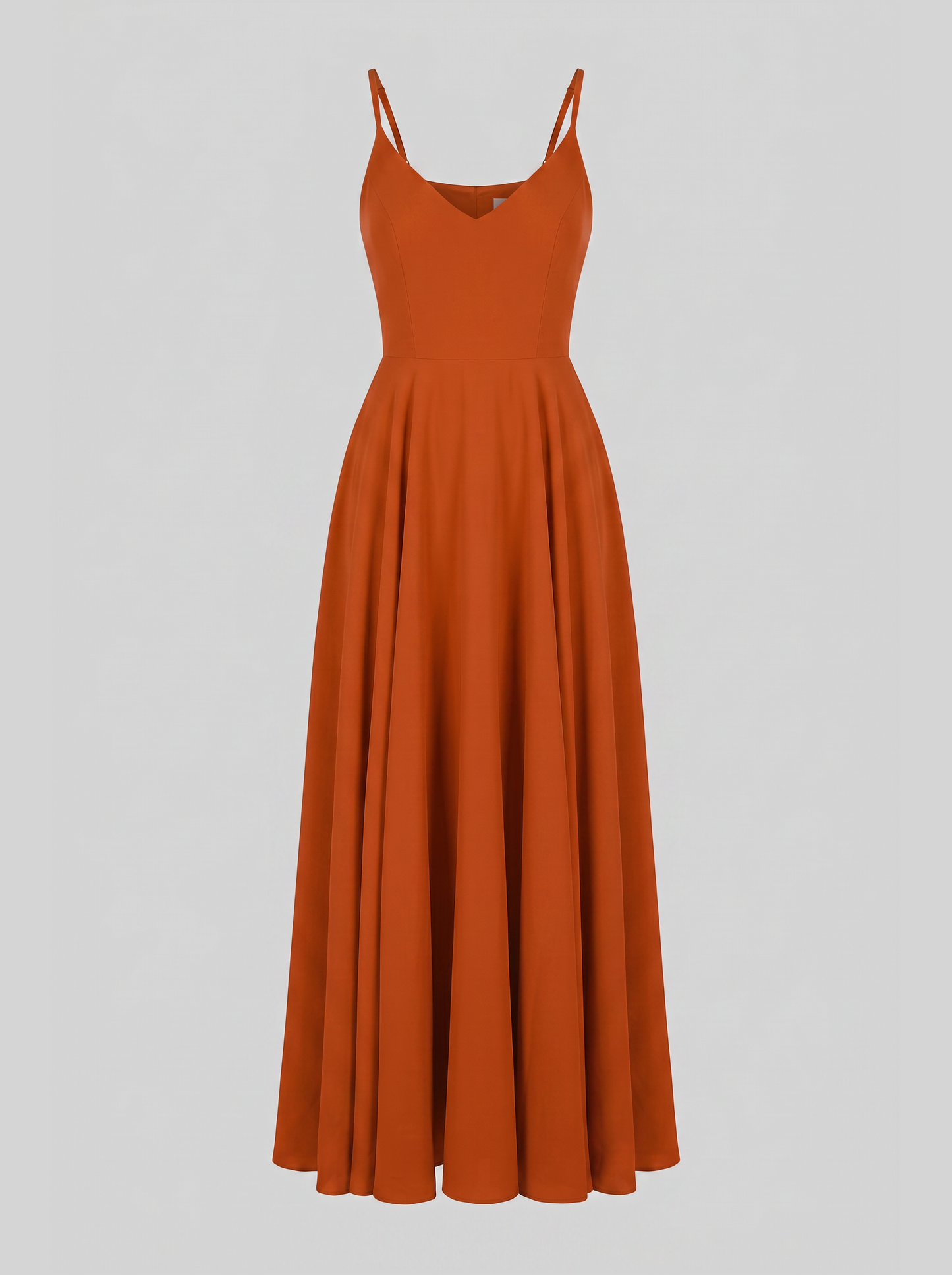Amalie Ballerina maxi gown in Amber Harvest on an invisible mannequin, showing the V neckline, fitted bodice and full gathered maxi skirt