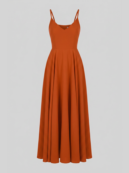 Amalie Ballerina maxi gown in Amber Harvest on an invisible mannequin, showing the V neckline, fitted bodice and full gathered maxi skirt