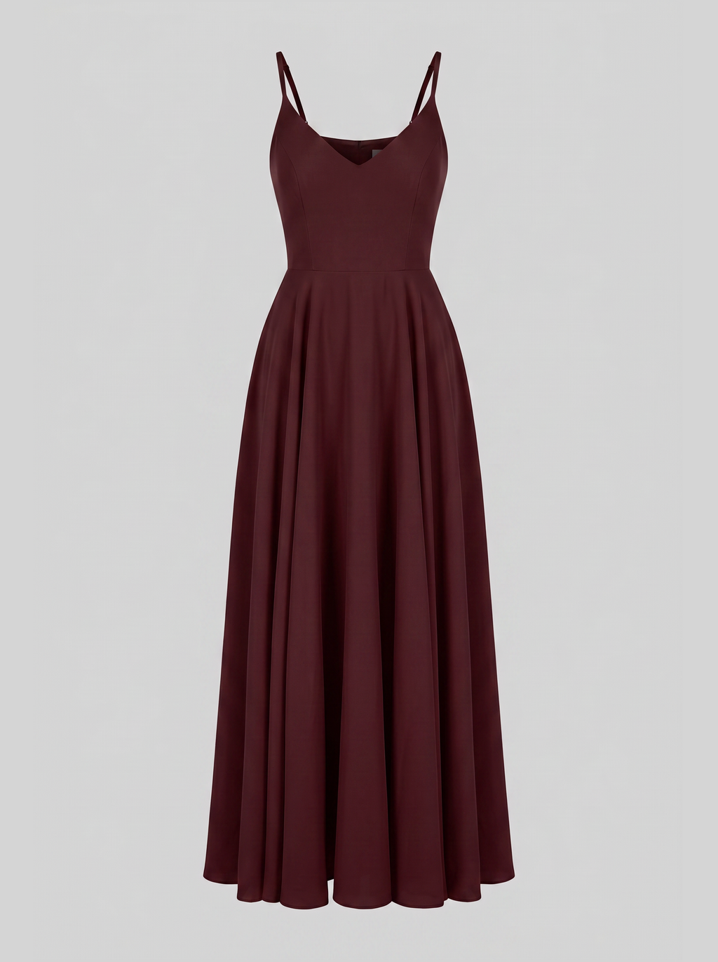 Amalie Ballerina maxi gown in burgundy on an invisible mannequin, showing the V neckline, fitted bodice and full gathered maxi skirt