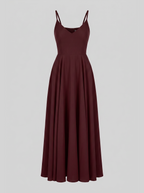 Amalie Ballerina maxi gown in burgundy on an invisible mannequin, showing the V neckline, fitted bodice and full gathered maxi skirt