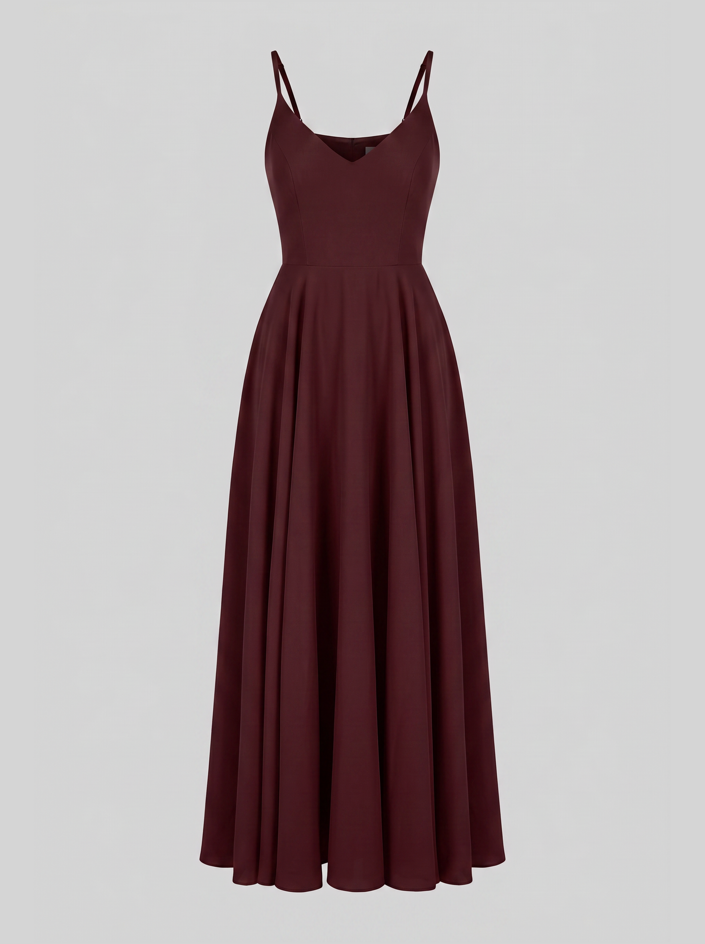 Amalie Ballerina maxi gown in burgundy on an invisible mannequin, showing the V neckline, fitted bodice and full gathered maxi skirt