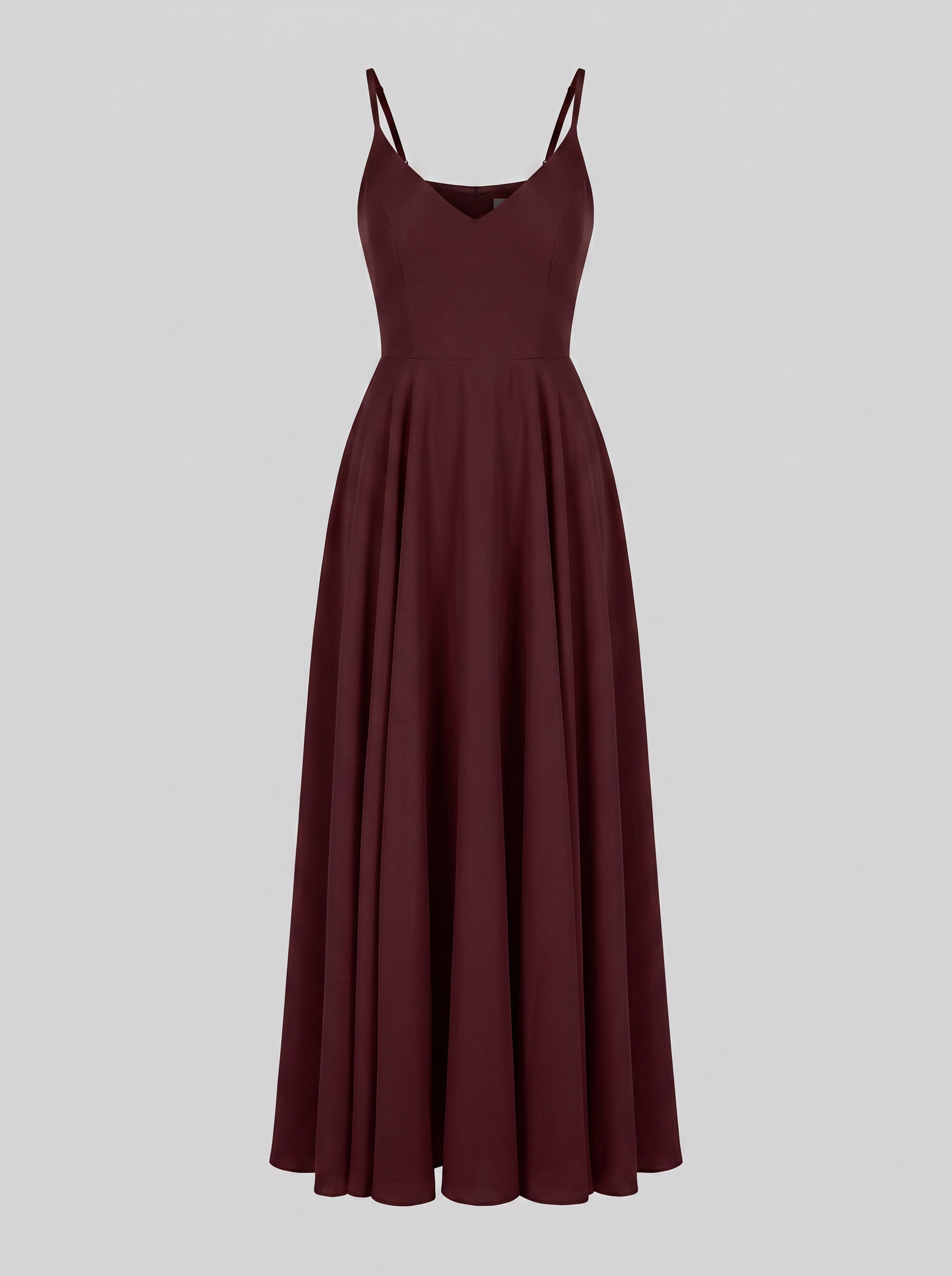 Amalie Ballerina maxi gown in burgundy on an invisible mannequin, showing the V neckline, fitted bodice and full gathered maxi skirt