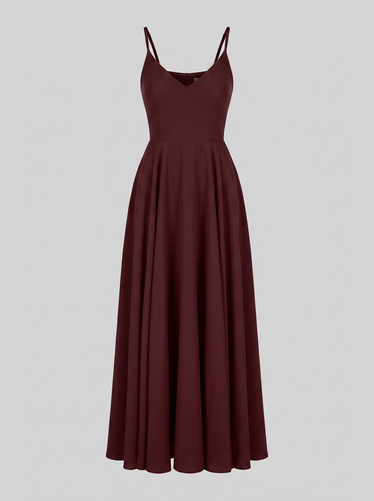 Amalie Ballerina maxi gown in burgundy on an invisible mannequin, showing the V neckline, fitted bodice and full gathered maxi skirt