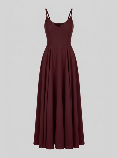Amalie Ballerina maxi gown in burgundy on an invisible mannequin, showing the V neckline, fitted bodice and full gathered maxi skirt