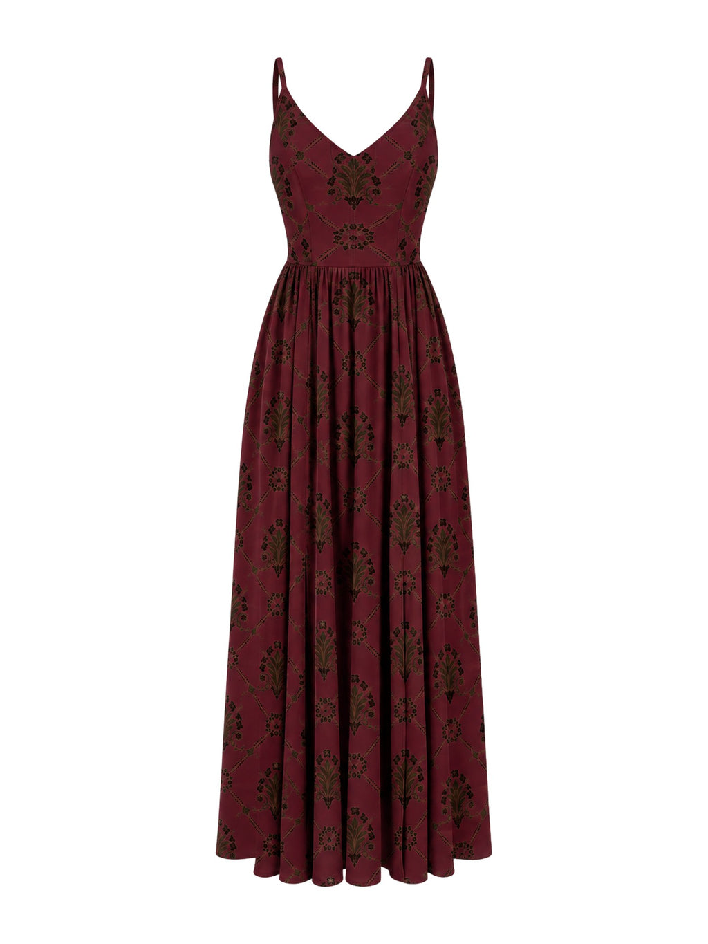 Amalie Ballerina Daytime Maxi Gown in Goth Grand Trianon, ghost mannequin front view of the burgundy and black print with spaghetti straps