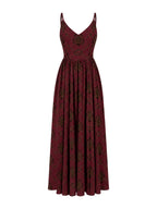 Amalie Ballerina Daytime Maxi Gown in Goth Grand Trianon, ghost mannequin front view of the burgundy and black print with spaghetti straps
