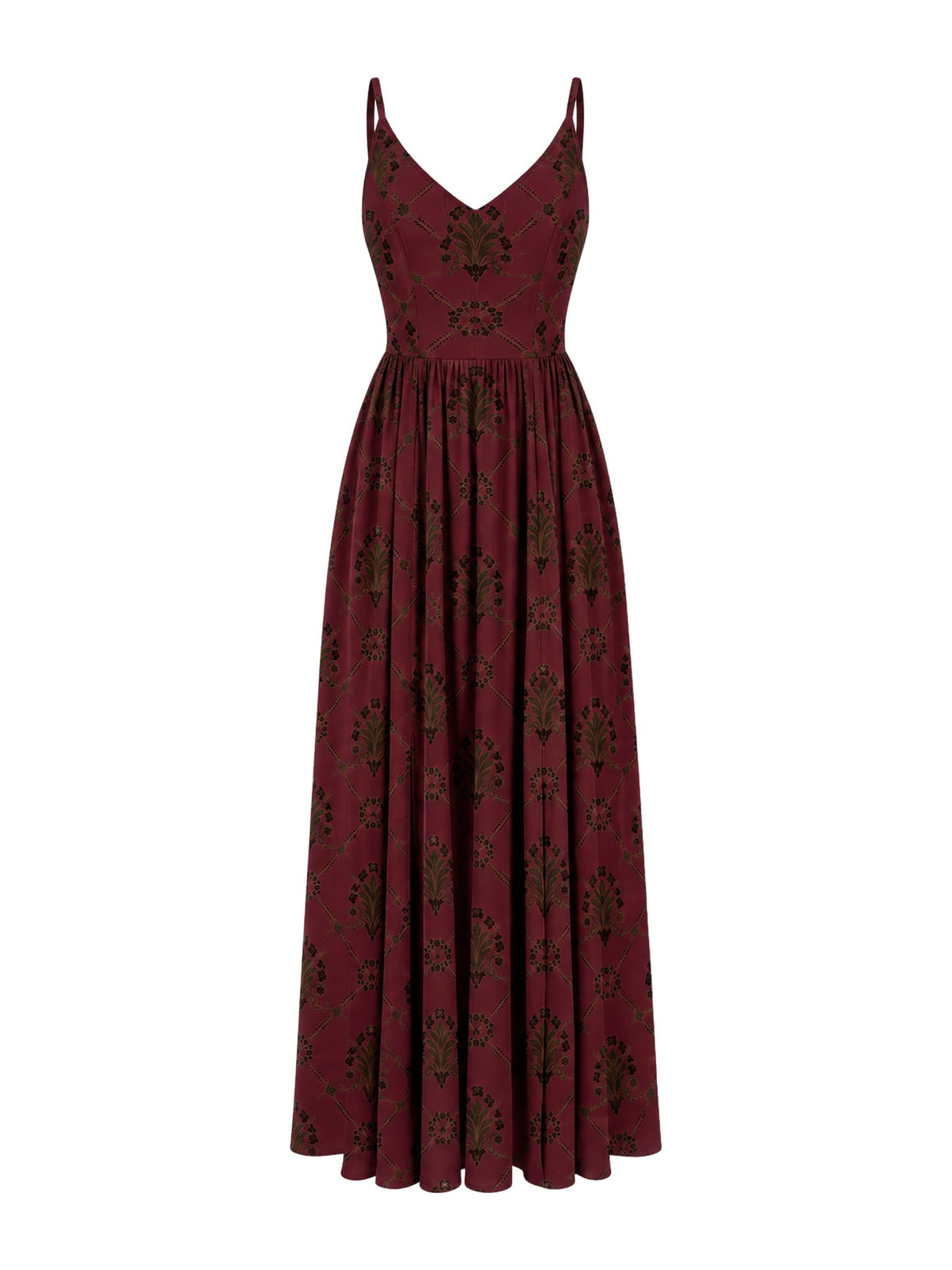 Amalie Ballerina Daytime Maxi Gown in Goth Grand Trianon, ghost mannequin front view of the burgundy and black print with spaghetti straps