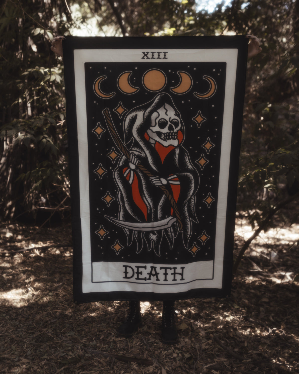 American Traditional Death tarot wall tapestry in tattoo flash style