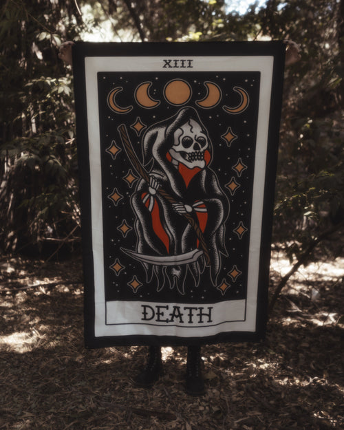 American Traditional Death tarot wall tapestry in tattoo flash style