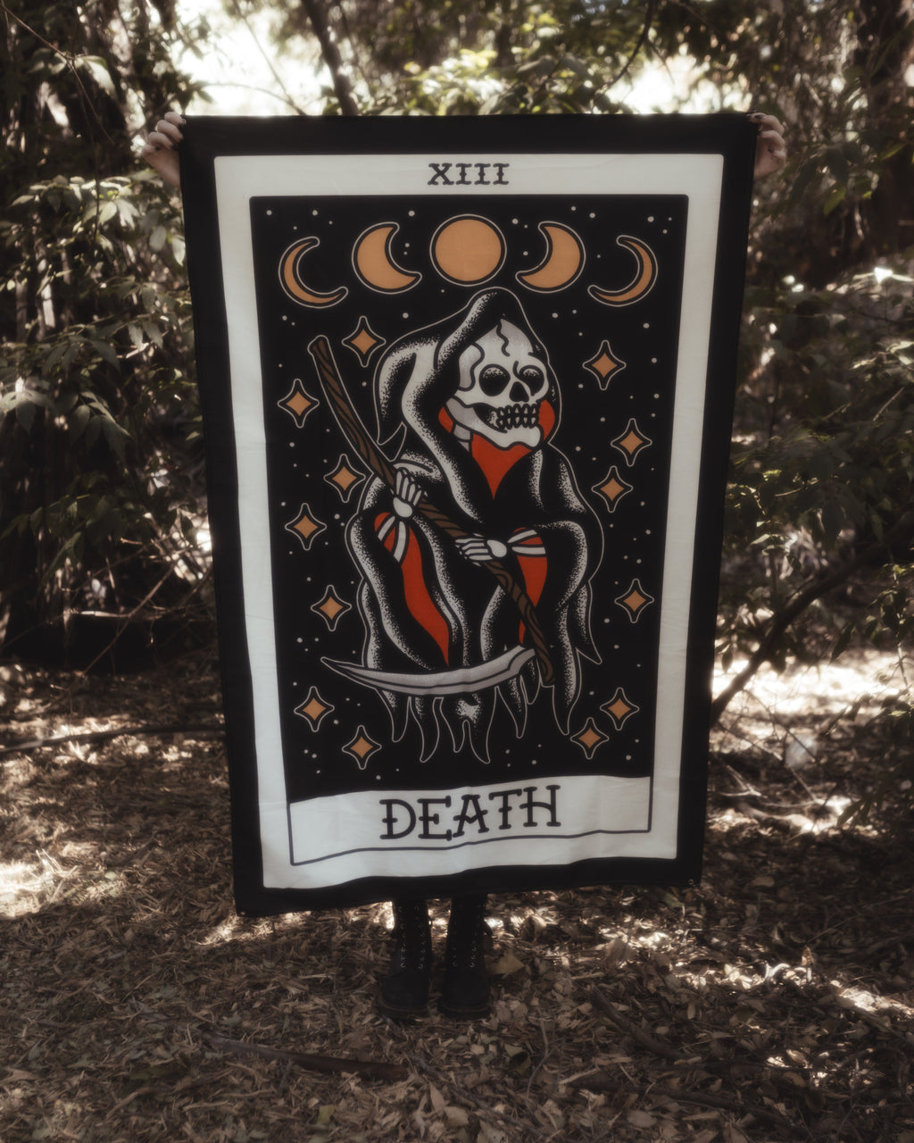 American Traditional Death tarot wall tapestry in tattoo flash style