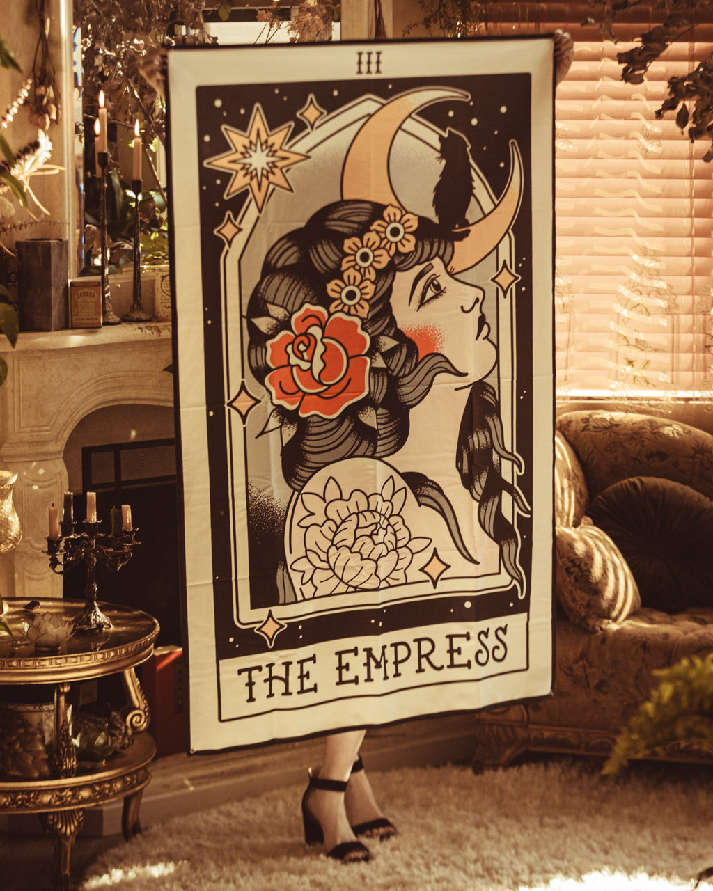American Traditional Empress tarot wall tapestry in tattoo flash style
