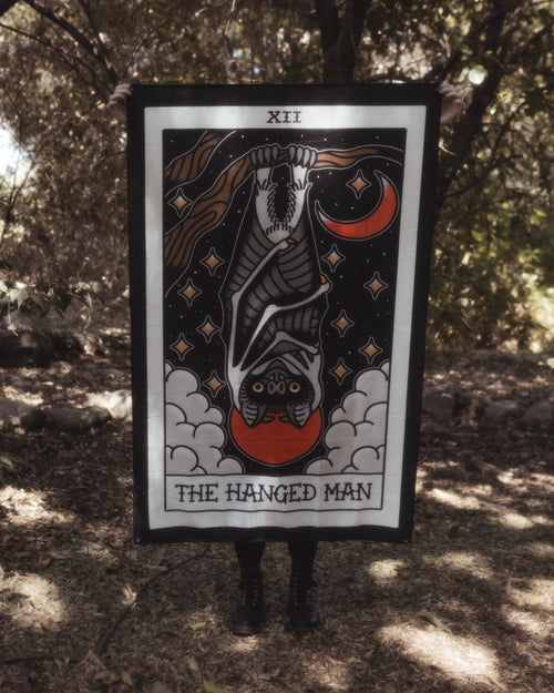 American Traditional Hanged Man tarot wall tapestry in tattoo flash style