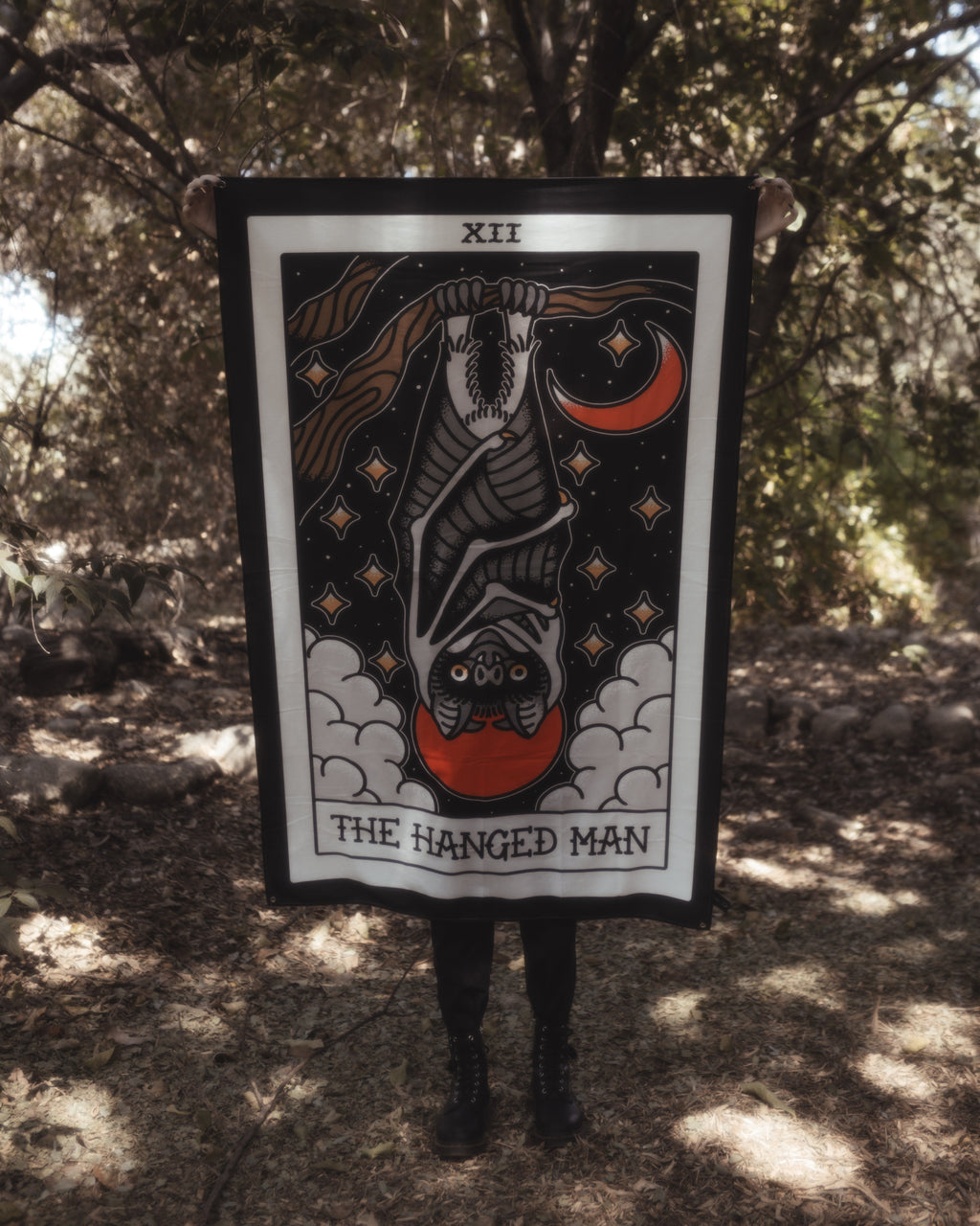 American Traditional Hanged Man tarot wall tapestry in tattoo flash style