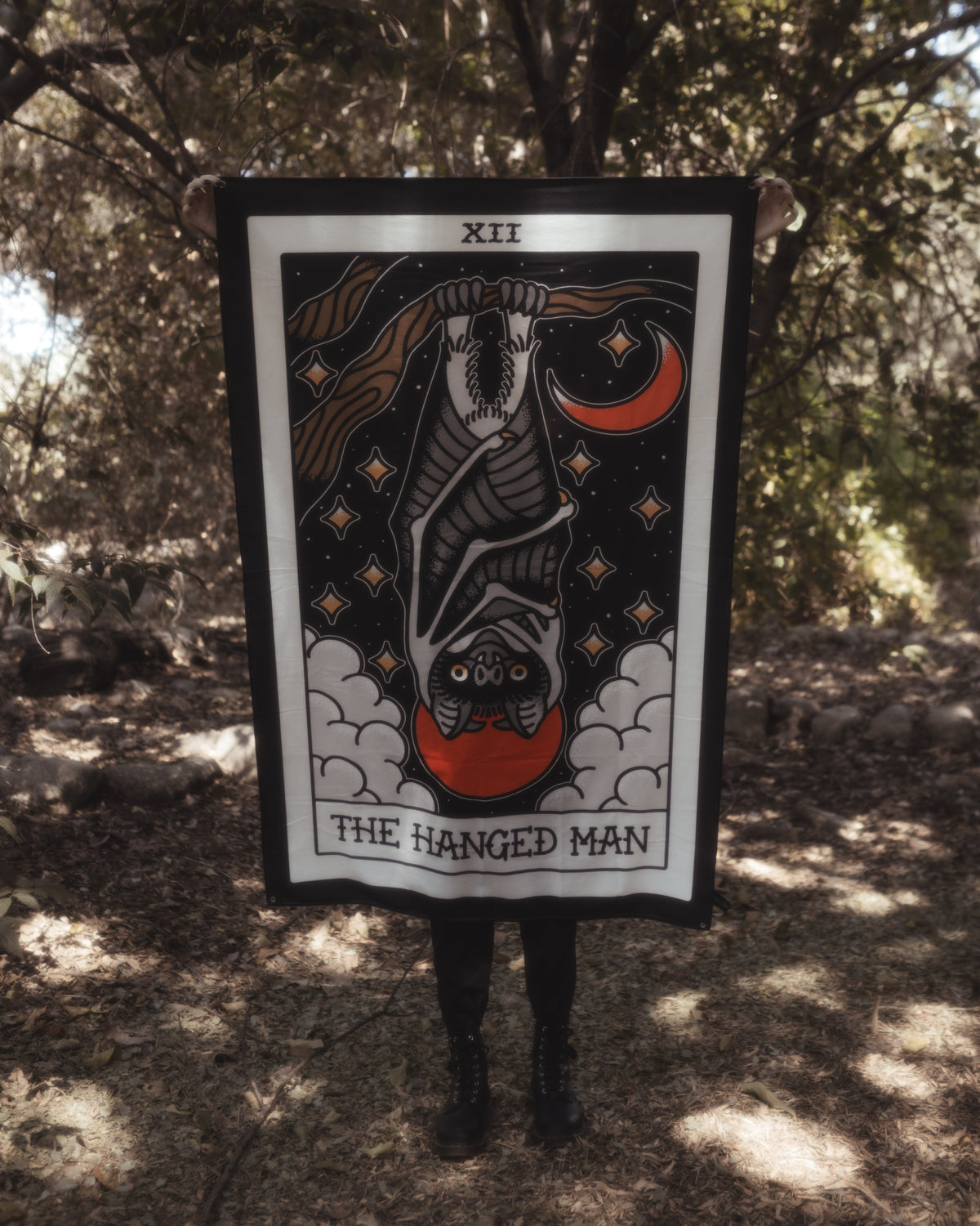 American Traditional Hanged Man tarot wall tapestry in tattoo flash style