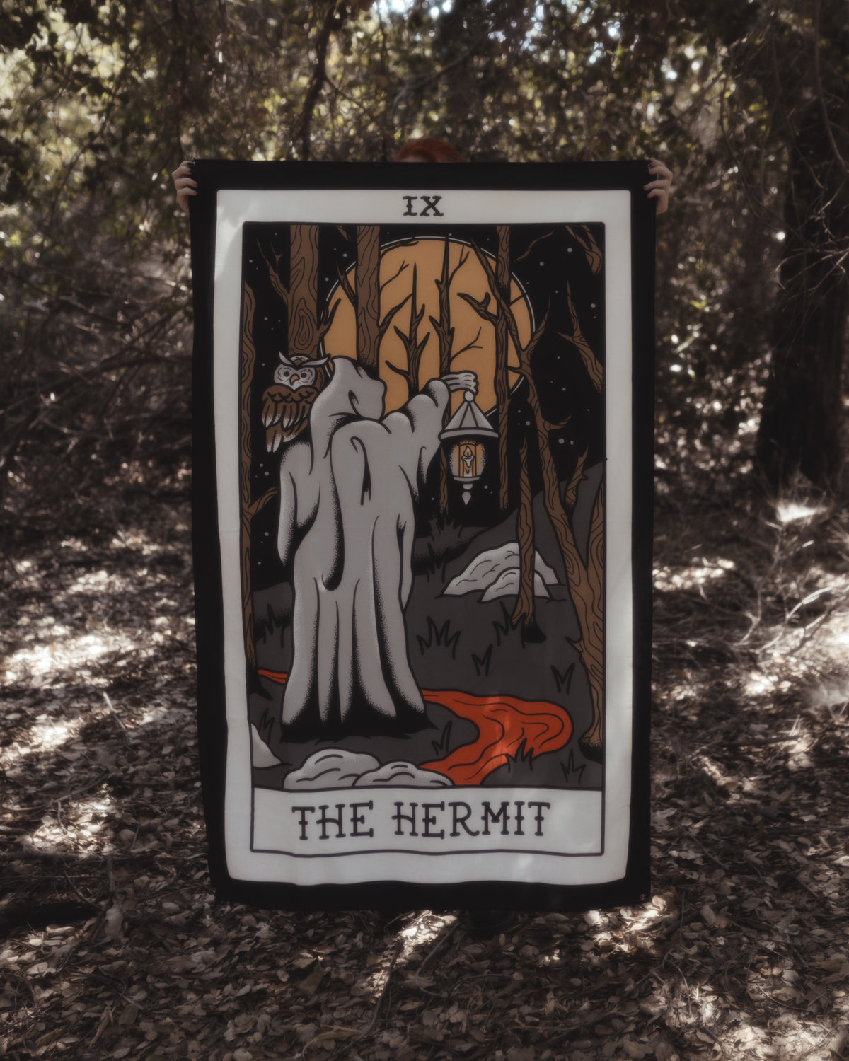 American Traditional Hermit tarot wall tapestry in tattoo flash style