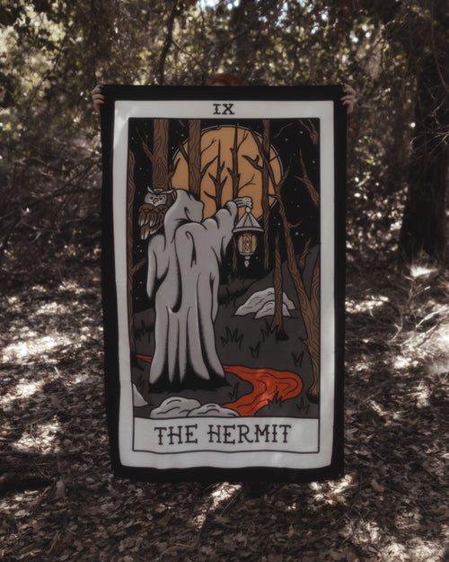 American Traditional Hermit tarot wall tapestry in tattoo flash style