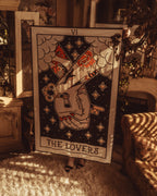 American Traditional Lovers tarot wall tapestry in tattoo flash style