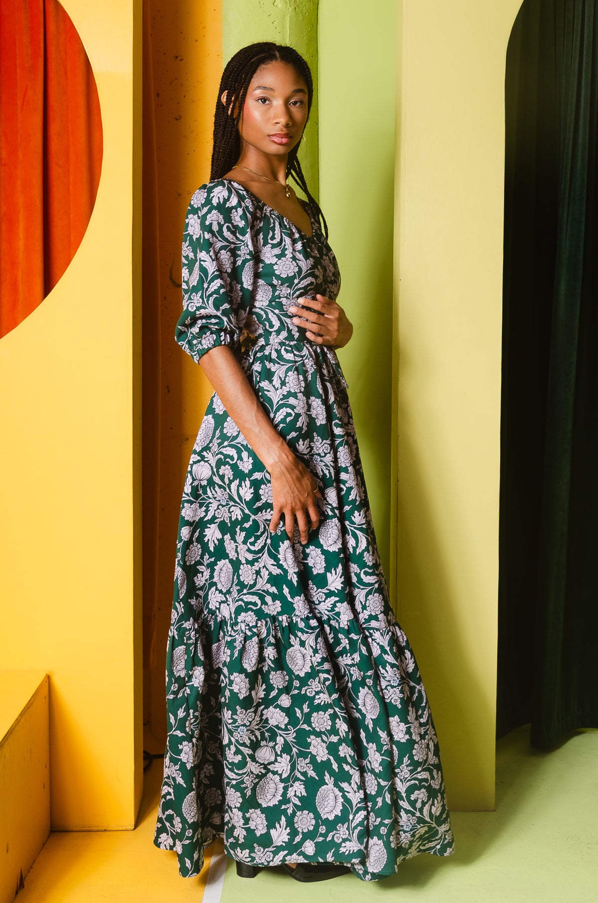 Molly 70s Floral Vintage Maxi Gown in Capri Floral Green