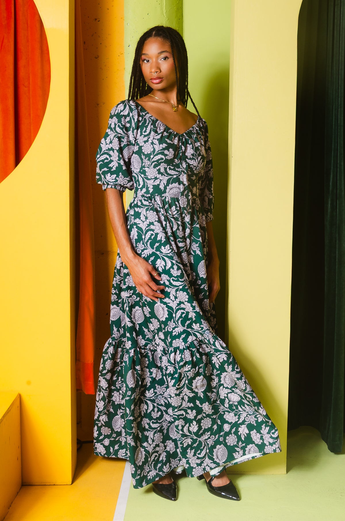 Molly 70s Floral Vintage Maxi Gown in Capri Floral Green