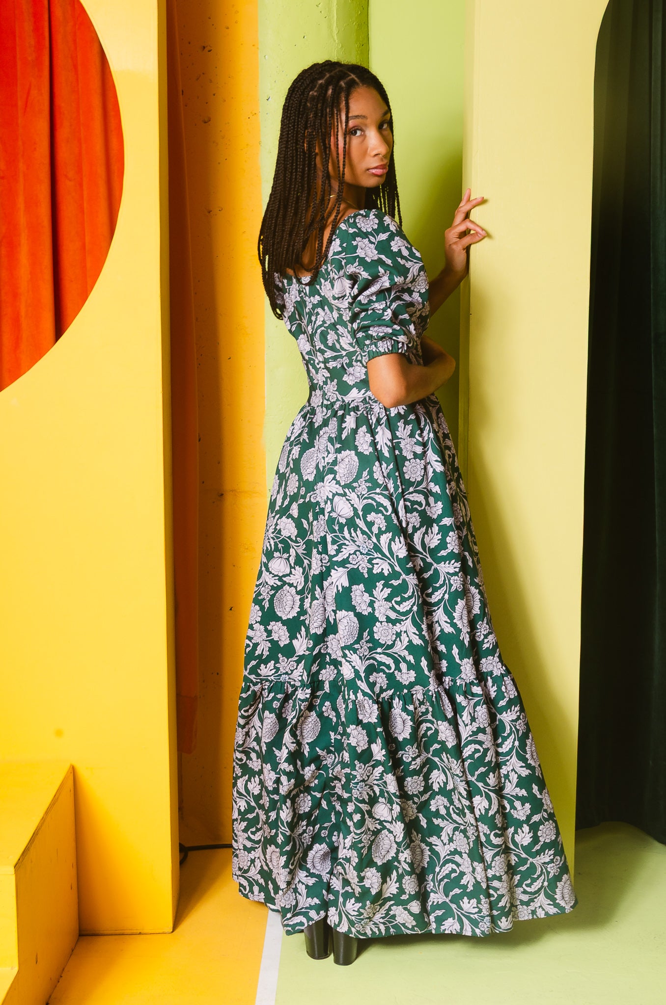 Molly 70s Floral Vintage Maxi Gown in Capri Floral Green