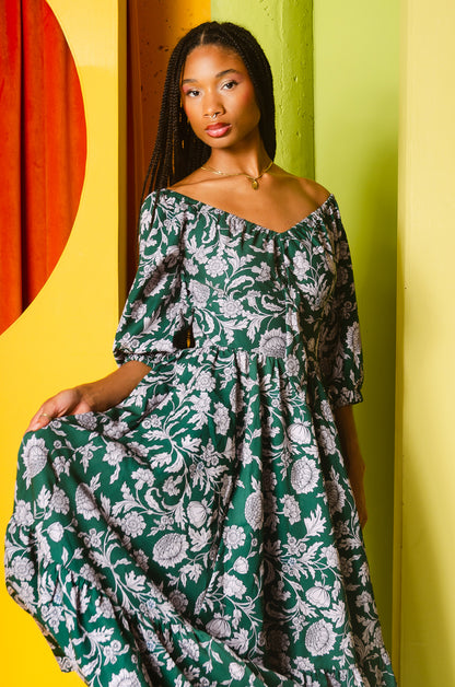 Molly 70s Floral Vintage Maxi Gown in Capri Floral Green