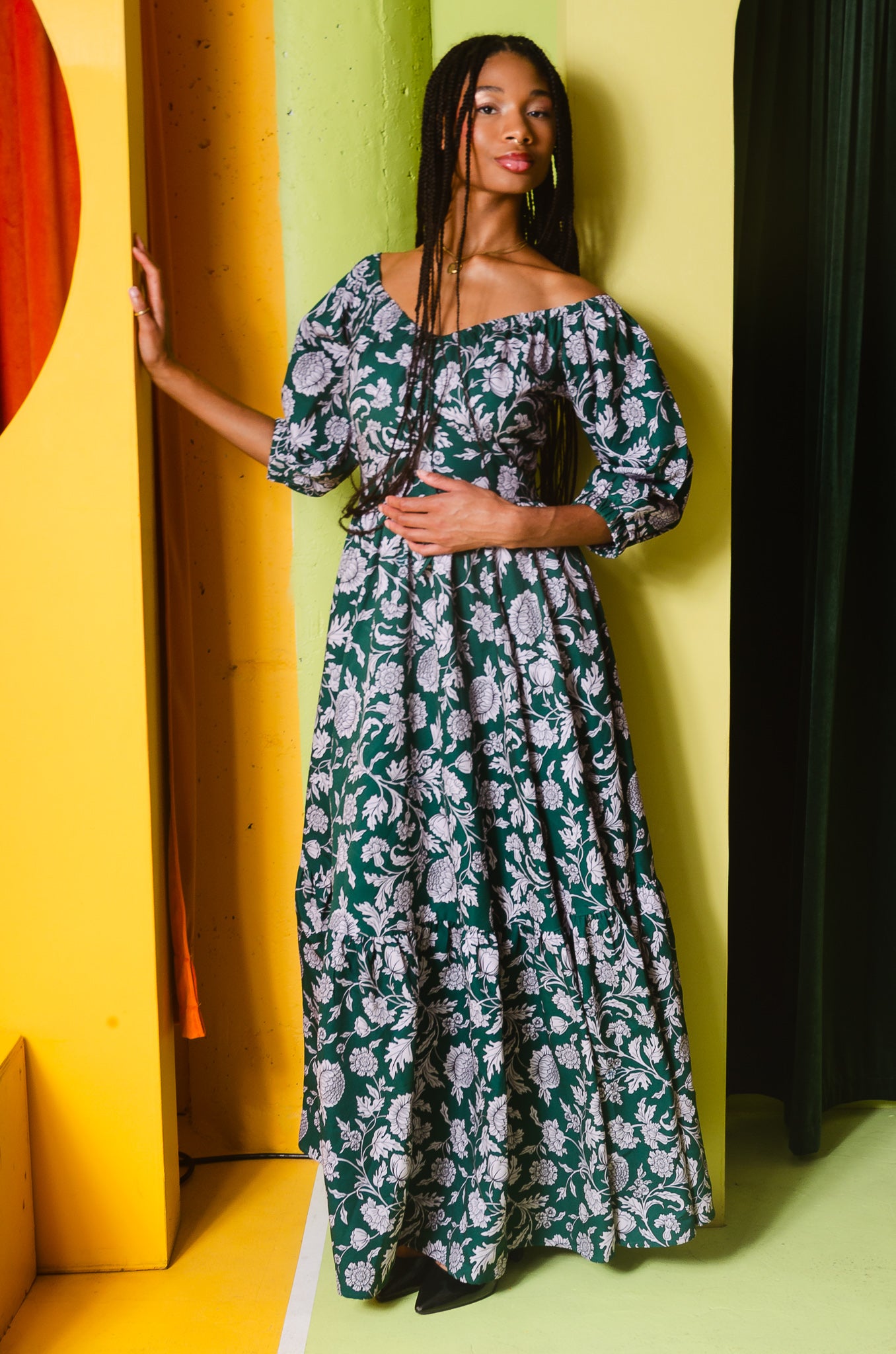 70s flowy dress 70s Green Tan Stripe Floral Cotton Maxi Dress with Shawl