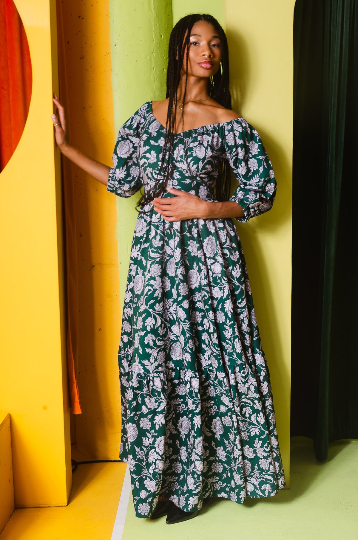 Molly 70s Floral Vintage Maxi Gown in Capri Floral Green