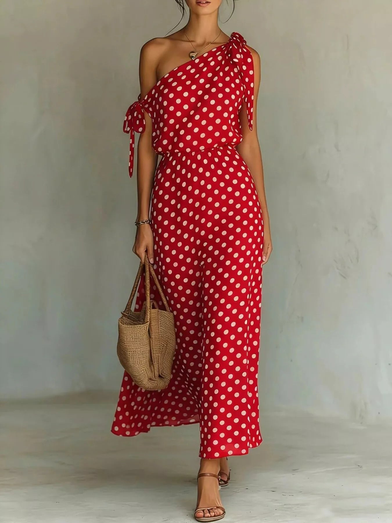 Dorothea one-shoulder polka dot midi dress in red by Pinup Girl Clothing