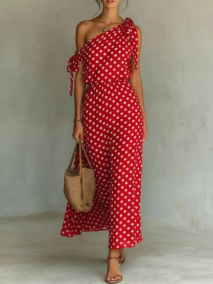Dorothea one-shoulder polka dot midi dress in red by Pinup Girl Clothing