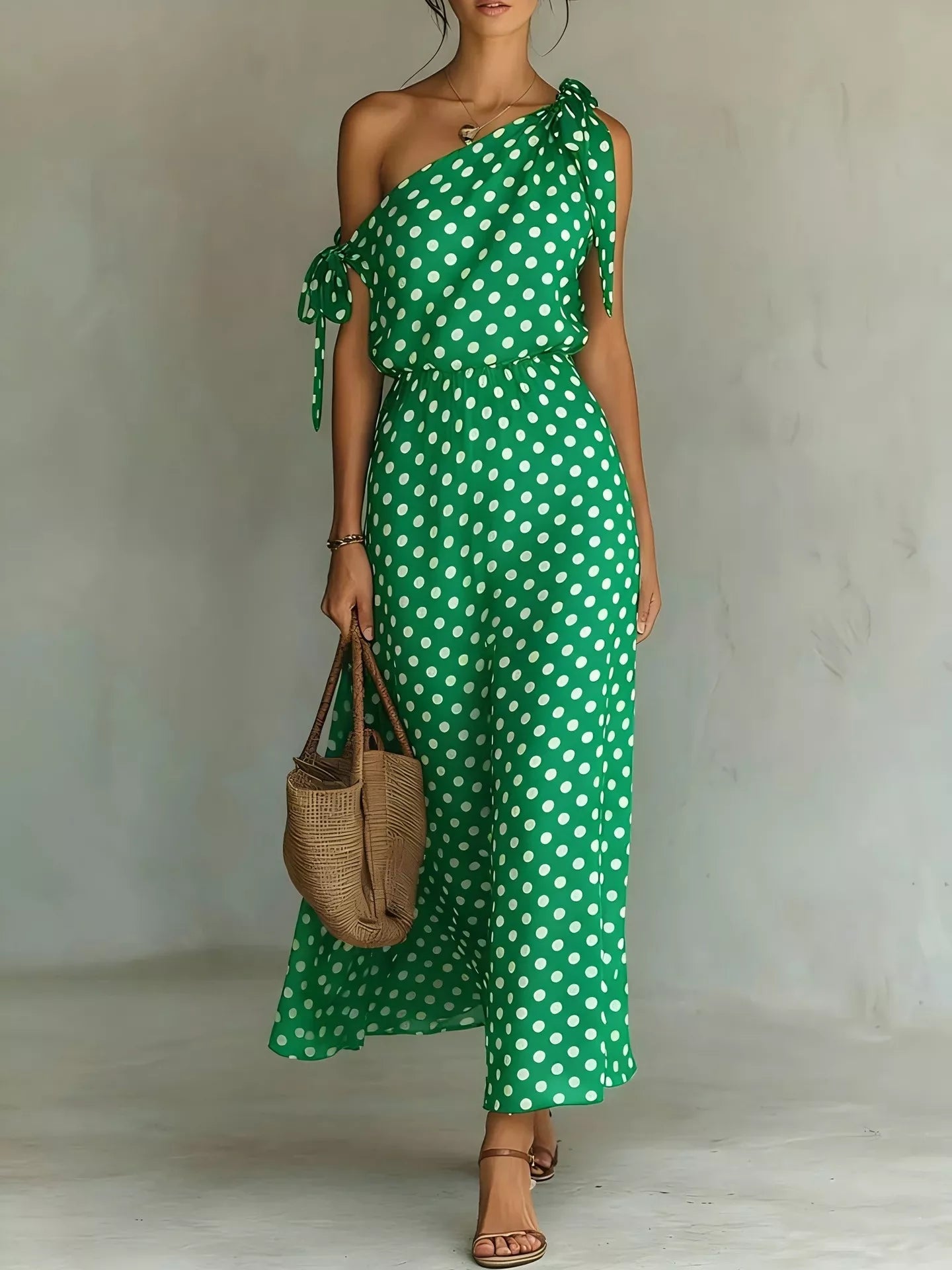 Dorothea one-shoulder polka dot midi dress in green by Pinup Girl Clothing