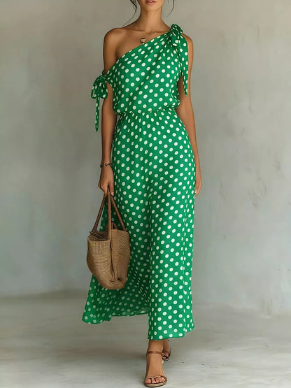 Dorothea one-shoulder polka dot midi dress in green by Pinup Girl Clothing