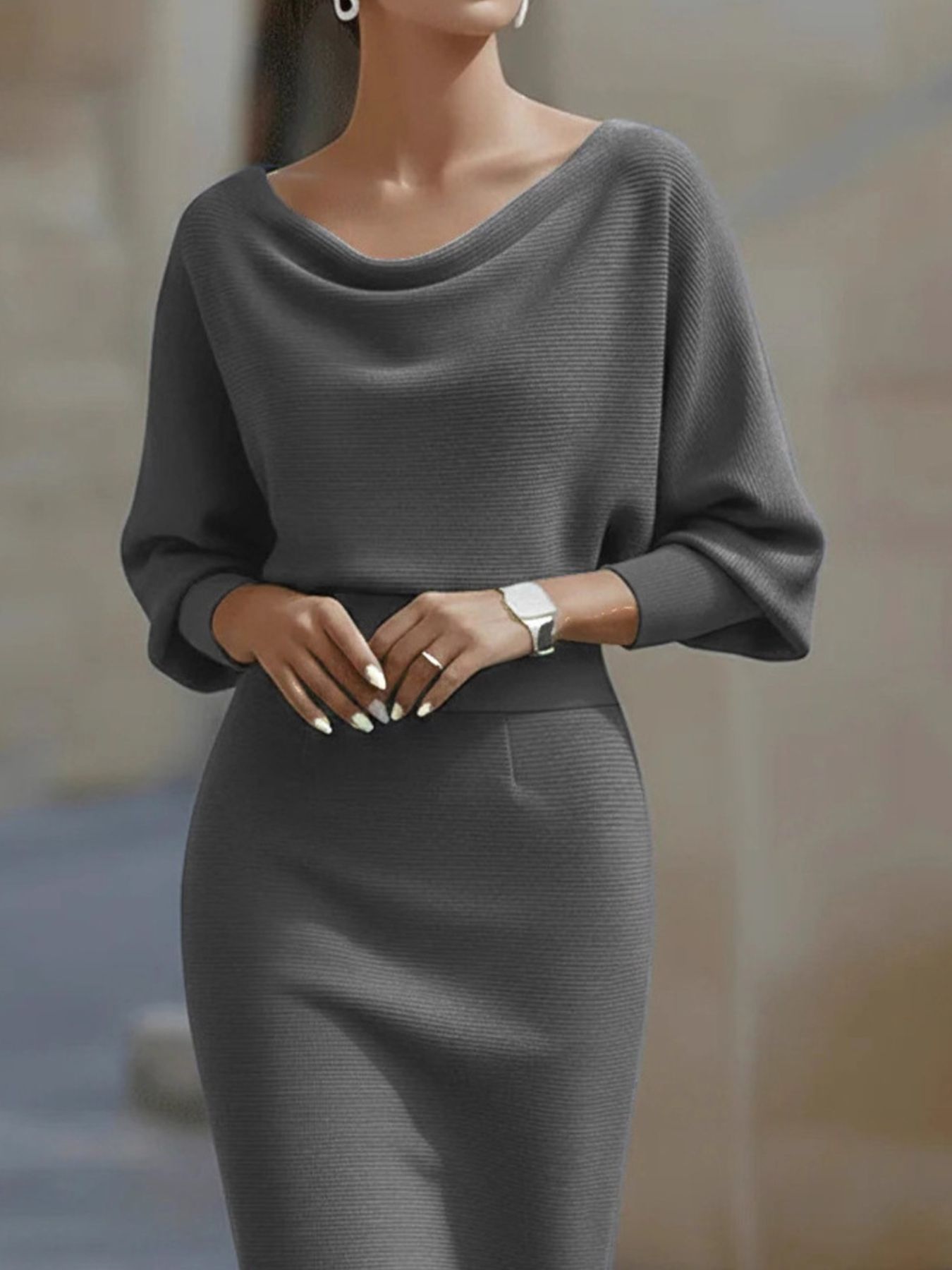 Silver Screen cowl-neck knit bodycon dress, old-Hollywood midi, by Pinup Girl Clothing