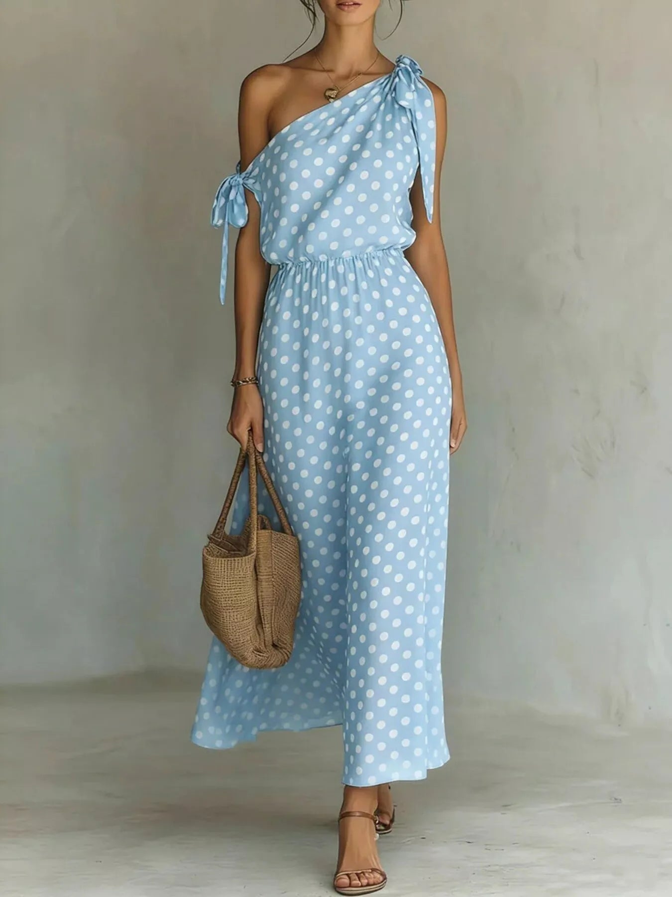 Dorothea one-shoulder polka dot midi dress in sky blue by Pinup Girl Clothing