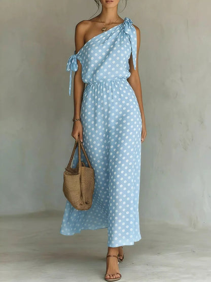 Dorothea one-shoulder polka dot midi dress in sky blue by Pinup Girl Clothing