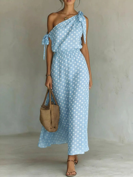 Dorothea one-shoulder polka dot midi dress in sky blue by Pinup Girl Clothing