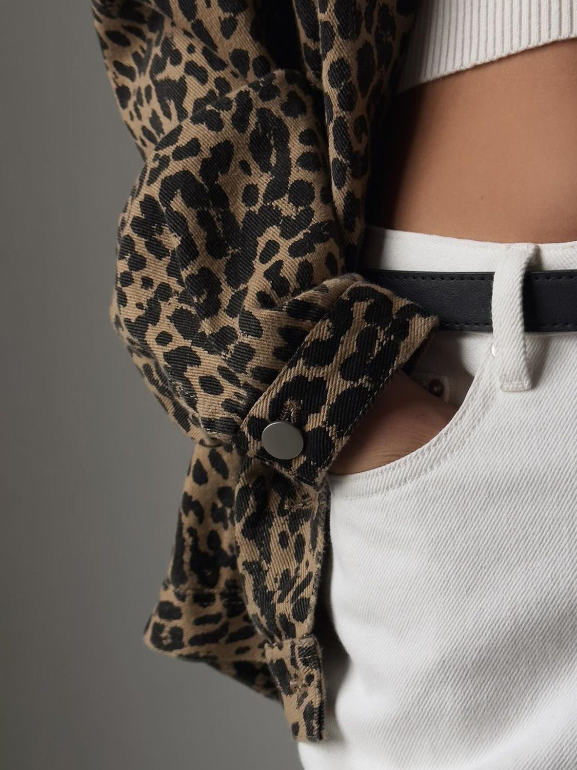 Elisabetta Leopard Button Up Long Sleeve Denim Jacket | 2 Colors