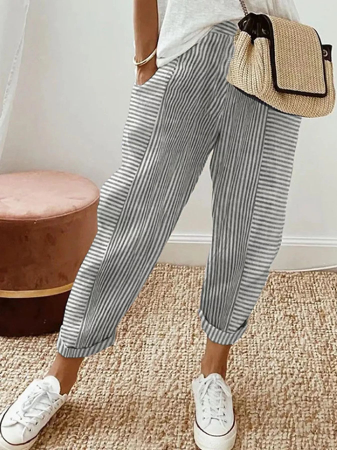 Frankie Striped Trousers in Light Gray by Pinup Girl Clothing
