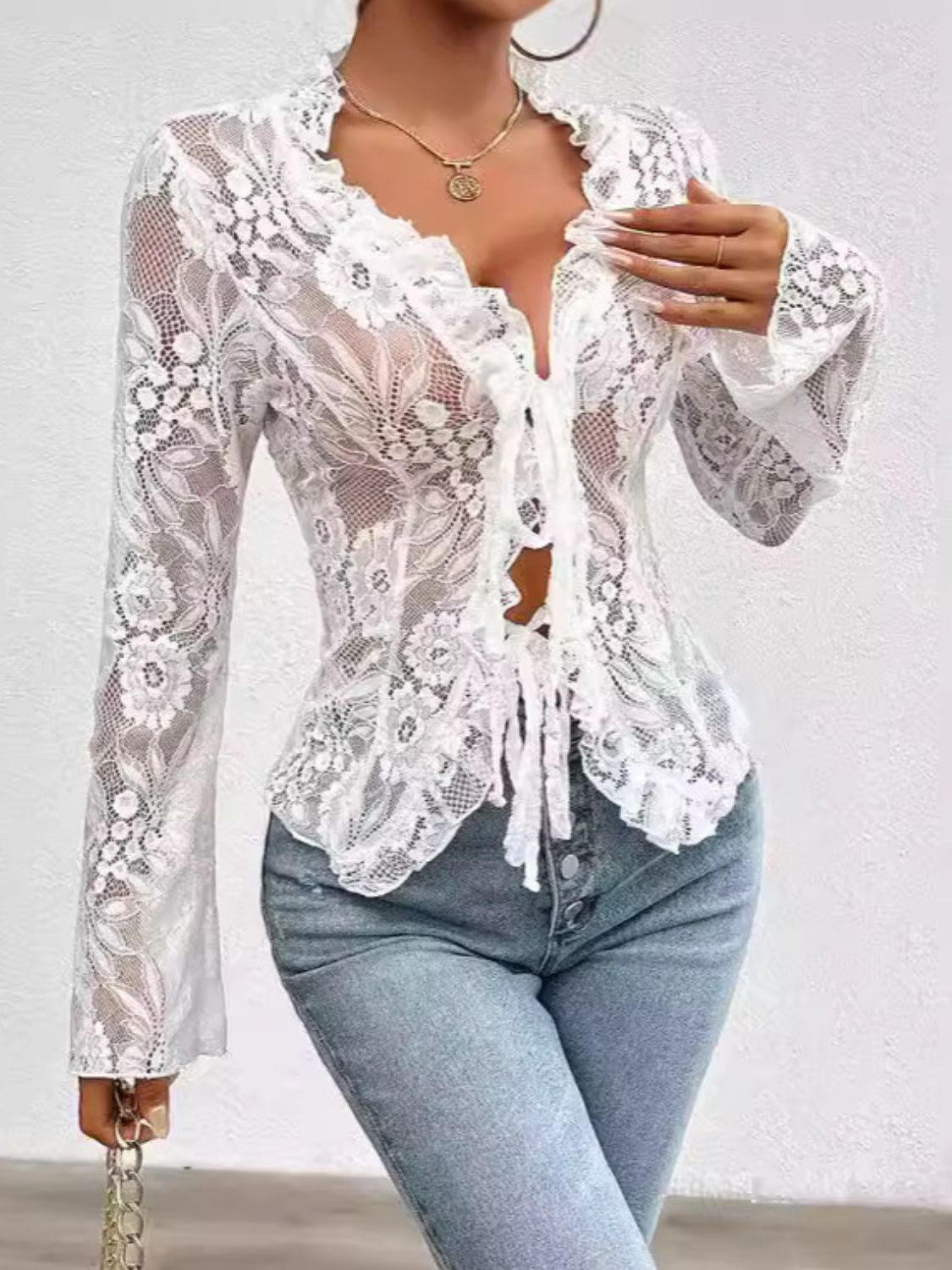 Gift Wrap V-Neck Long Sleeve Lace Cardigan Top | 5 Colors | Poundton