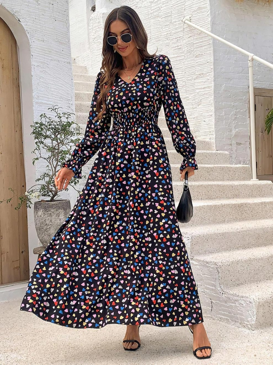 Gianna Smocked Printed V-Neck Flounce Sleeve Dress | 4 Colors