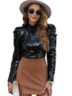 Mali Bubble Sleeve Sequin Top in Black