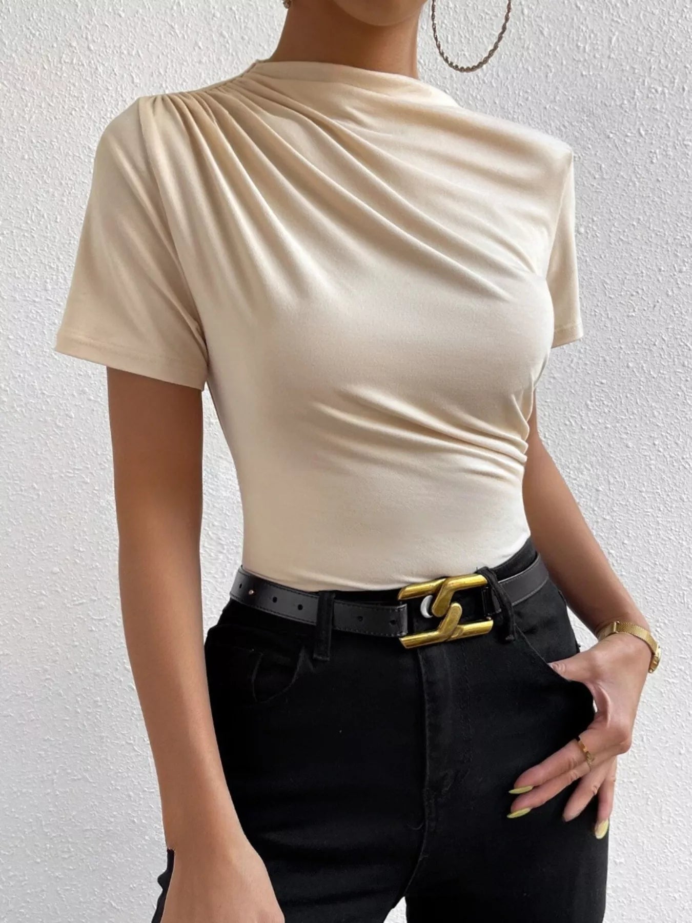 Capri draped short-sleeve top in beige by Pinup Girl Clothing