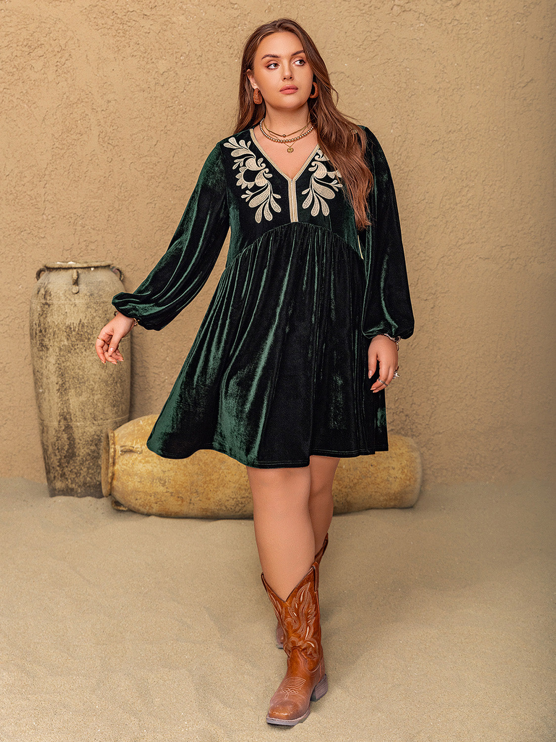 Embroidered V-Neck Long Sleeve Dress | Poundton