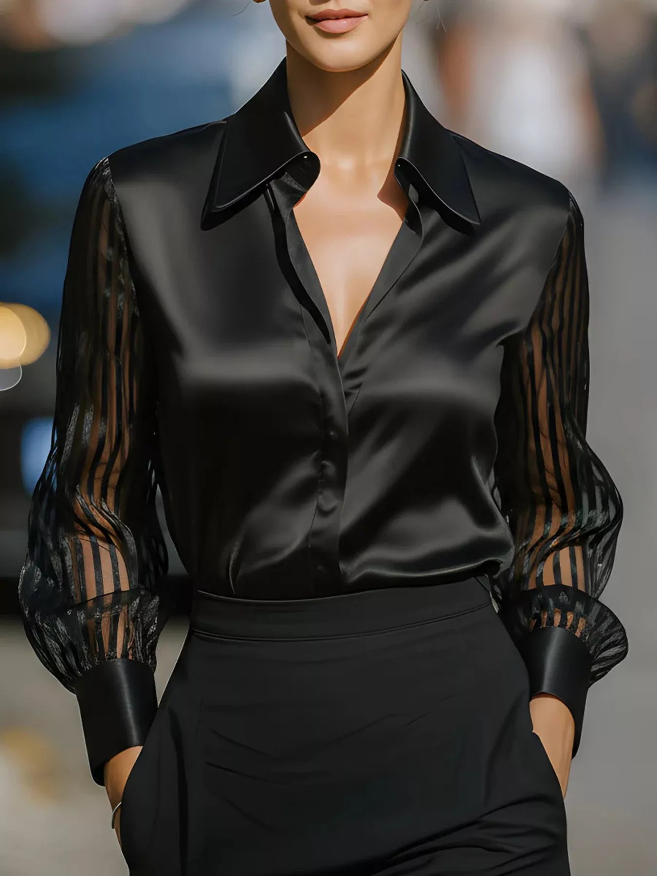 Sheer-sleeve collared blouse with vintage allure, by Pinup Girl Clothing, sizes XS to 4X.