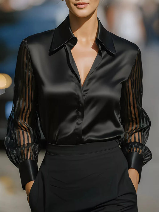 Sheer-sleeve collared blouse with vintage allure, by Pinup Girl Clothing, sizes XS to 4X.